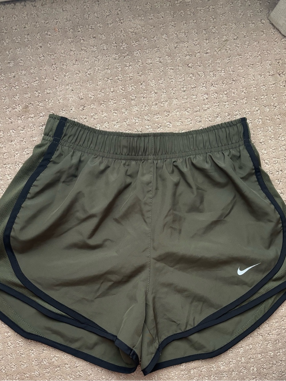 Nike Olive Green Athletic Shorts with Black Swoosh